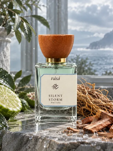 Silent Storm on wet stone by the sea, with lime, vetiver roots and cedar