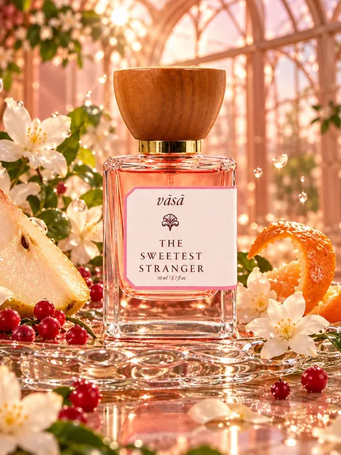 Sweetest Stranger among pear, mandarin peel, jasmine and red berries in a sunlit glasshouse