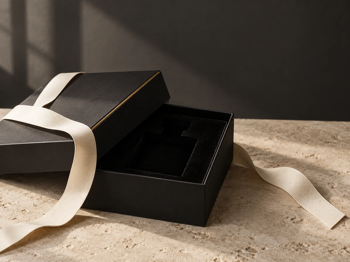 A matte black fragrance presentation box opened beside an ivory ribbon