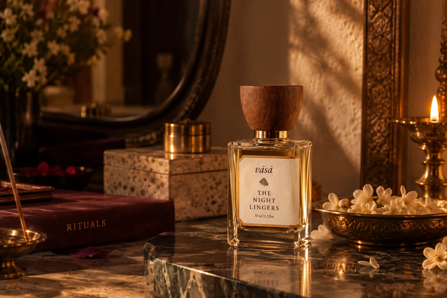 VASA fragrance beside a colourful Indian weekend ritual scene