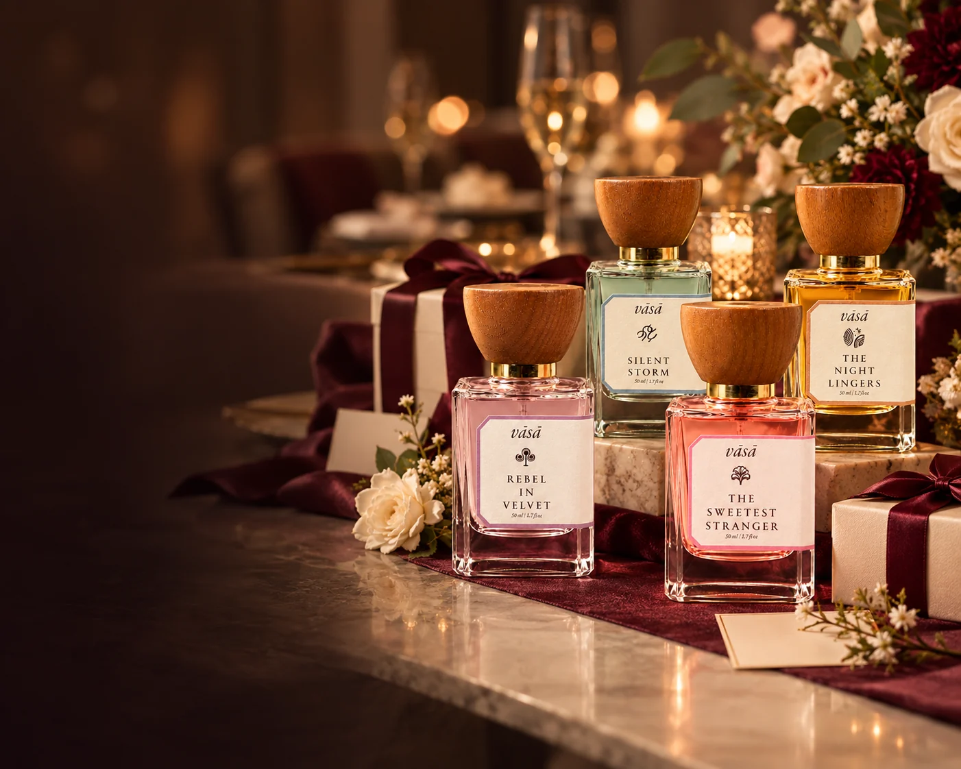 The four VASA fragrances gifted at a festive table