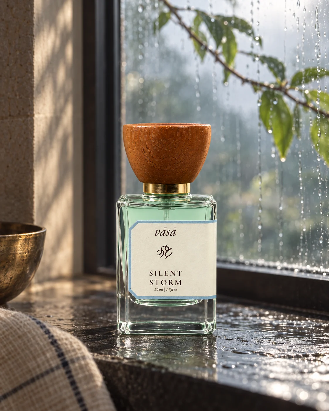 Silent Storm fragrance beside a rain-lit window
