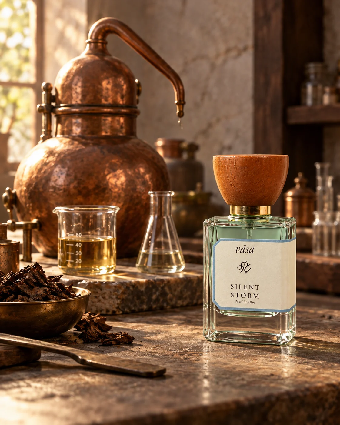 Silent Storm fragrance among copper vessels and perfumery materials