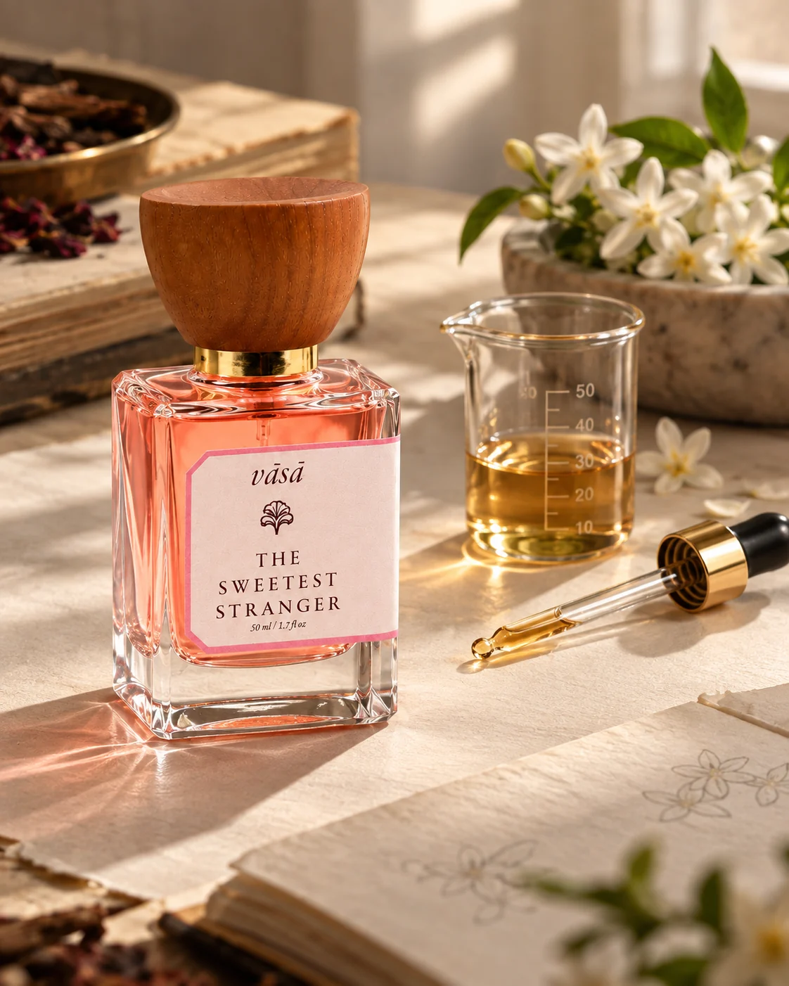 The Sweetest Stranger fragrance on an ivory worktable with measuring tools