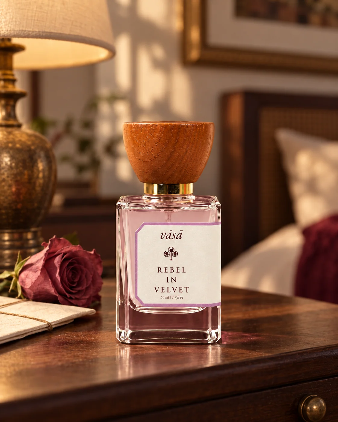 Rebel in Velvet fragrance beside a rose and personal letter