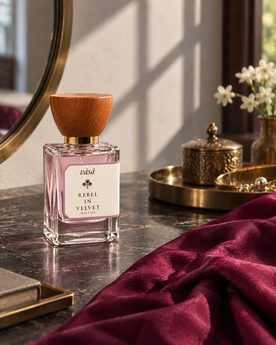 Rebel in Velvet fragrance on a softly lit dressing table