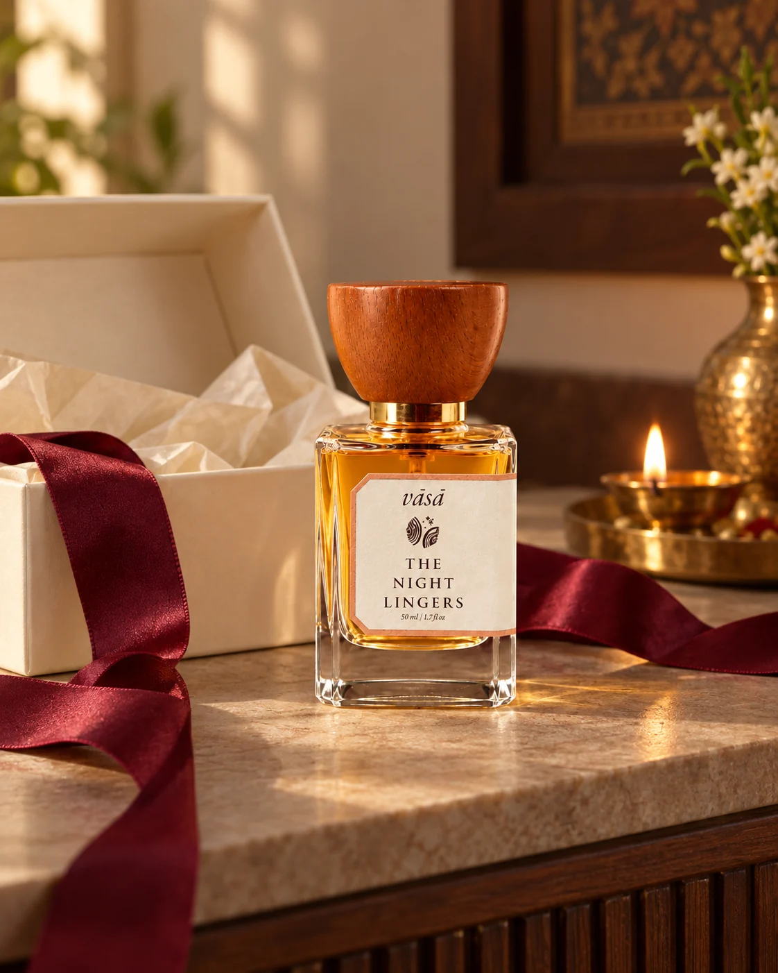 The Night Lingers fragrance beside a gift box and silk ribbon